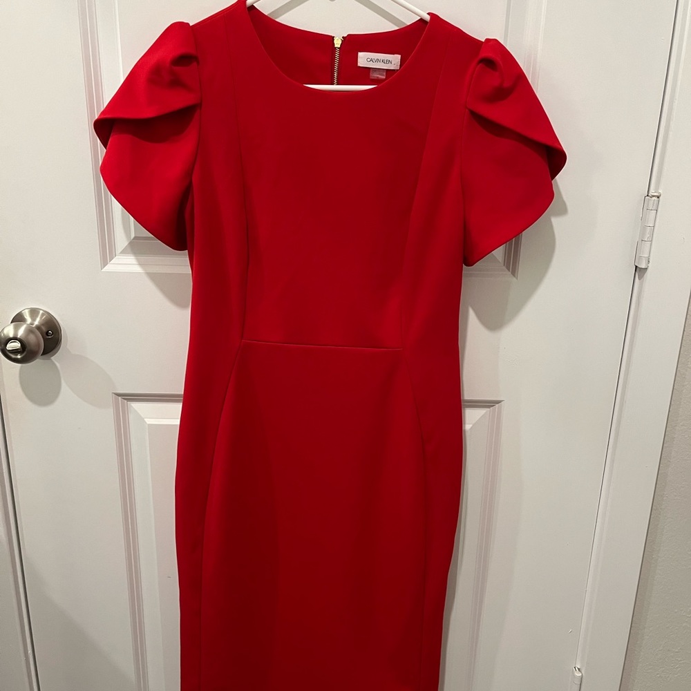 Red Calvin Klein Tulip Sleeve Dress